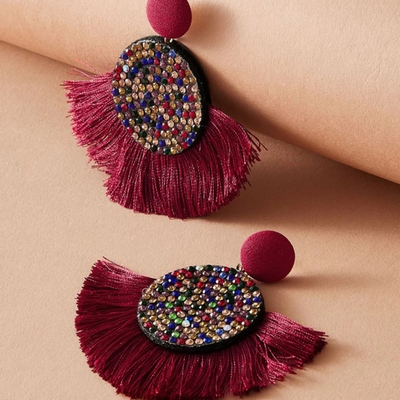 Jewelry - 💖 2/$25 Boho Fan Rhinestones Red Tassel Earrings